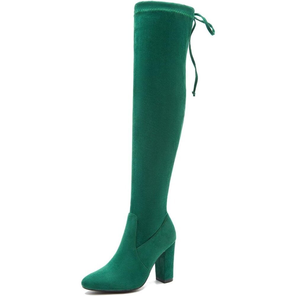 Women Green Suede Leather Pointed Toe Zipper Over The Knee Thigh High Long Boots